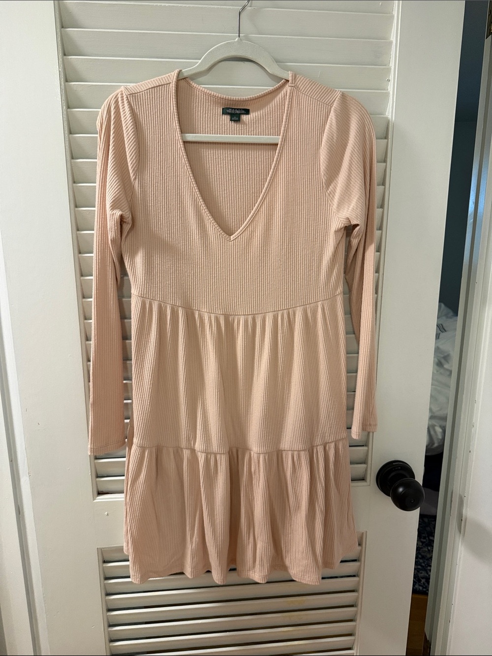 wild fable Ribbed Long Sleeve V-Neck Tiered Dress in Blush